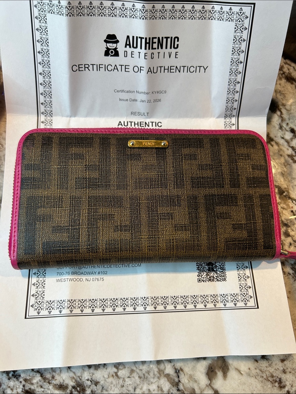 Fendi Brown Monogram Zip-Around Wallet with Pink Trim EUC